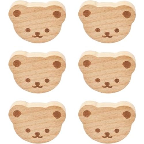 MOROBOR 6PCS Bear Shaped Wooden Knobs Single Hole Beech Wood Handles Wood Cupboard Cabinet Handles Knobs for Chest of Drawers with Screws& Expansion Tube