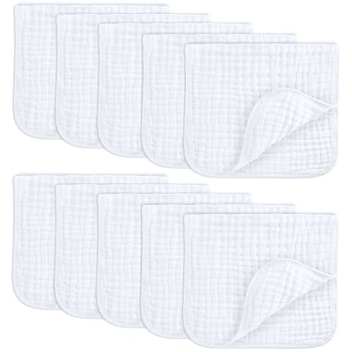 Comfy Cubs Muslin Burp Cloths Large 100% Cotton Hand Washcloths for Babies, Baby Essentials 6 Layers Extra Absorbent and Soft Boys & Girls Baby Rags for Newborn Registry (White, 10-Pack, 20" X10")