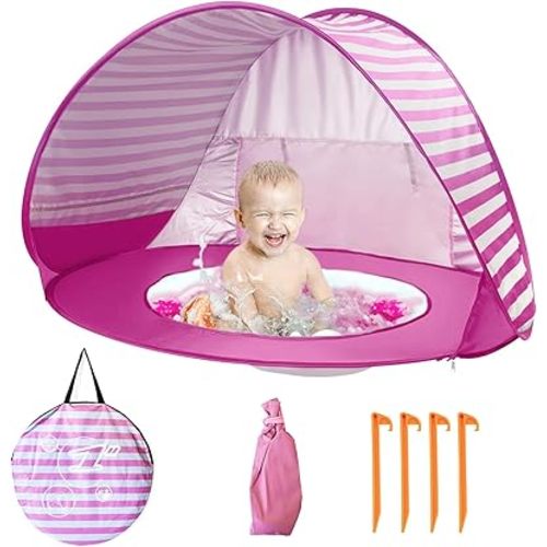 Baby Beach Tent with Pool, UPF 50+ Beach Sun Shelter Outdoor Tent for Aged 0-3 Baby and Kids, Parks and Beach Shade Portable Mini Pool, Pink