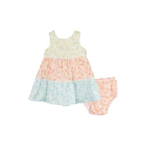Baby Girls Printed Eyelet Cotton Color Blocked Dress with Bloomer