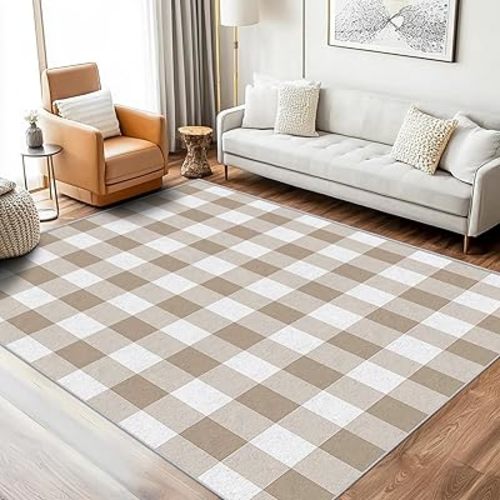Buffalo Plaid Rug 3x5, Washable Farmhouse Checkered Rugs for Living Room Bedroom, Tan White Gingham Area Rug for Home Decor, Non Slip Backing Floor Carpet with Gripper - 3 x 5 ft