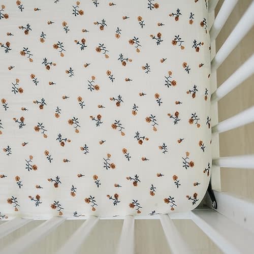 Cream Floral Muslin Crib Sheet by Mebie Baby, Soft and Breathable Bed Sheets for Babies, Modern Neutral Bedding for Cribs, Standard Crib Mattress Fitted Sheet, Great for Boy or Girl Room or Nursery