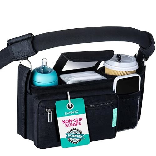 Stroller Organizer Non Slip Straps Stroller Caddy With Cup Holder, Stroller Bag for Phone, Pet Stroller Accessories, Universal Fits Uppababby Vista v2 Wonderfold Wagon, Doona and More - Black