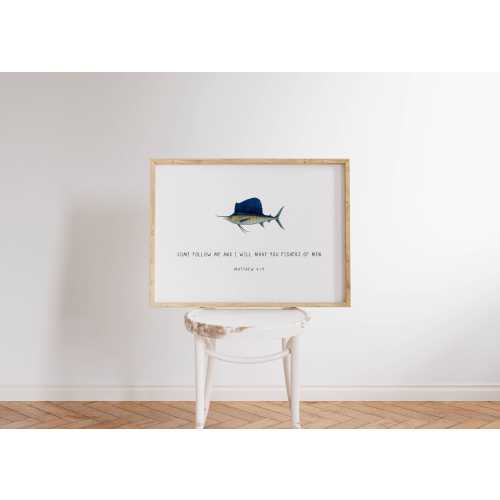 PRINTED Fish bible verse print, Fishers of Men, Nursery Bass, Little boy bedroom, Fisherman, Baby shower gift, Christian