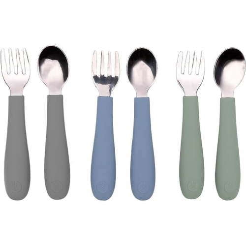 WeeSprout Toddler Utensils, 3 Forks & 3 Spoons, 18/8 Stainless Steel & Food Grade Silicone, Gray,Blue,Green