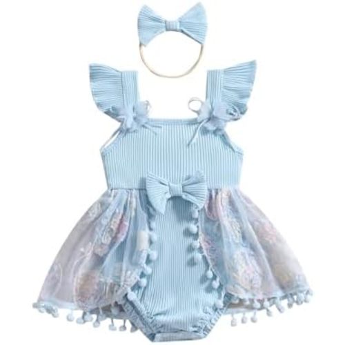 Kuriozud Newborn Baby Girl Summer Clothes Flower Bow Dress Romper Ruffle Jumpsuit Headband Outfit Cute Infant Clothing
