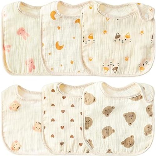 Zainpe 6Pcs Snap Muslin Cotton Baby Bibs Soft & Absorbent Burp Cloths for Newborns Drooling Feeding