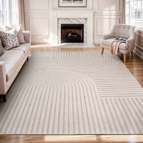 VUNATE 8'x10' Area Rugs for Living Room Jacquard Textured Modern Rugs Soft Geometric Rug for Bedroom Mid Century Washable Rug Non-Slip Bohemian Carpet Perfect for Dining Room Office Beige