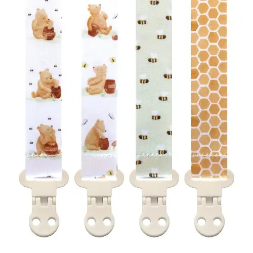 Baby Pacifier Clip Holder - Boy and Girl Unisex 4 Pack Gift Set – Vintage Classic Neutral Honey Winnie Bear and Bees Beige Yellow and Green