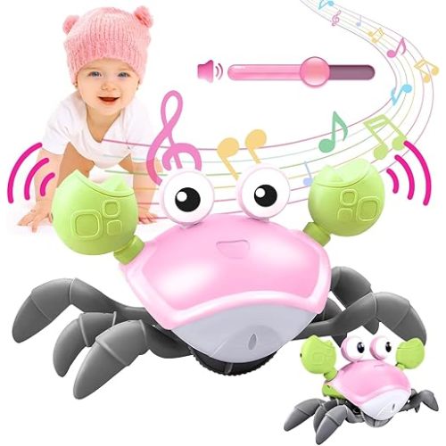 Crawling Crab Baby Toy - Tummy Time Toys - with Music and LED Light,Built-in Rechargeable Battery and Adjustable Volume for 0-6 6-12 12-18 36 Months Walking Toddler Birthday Gift(Pink)