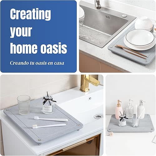 Stone Drying Mat for Kitchen Counter, Diatomaceous Dish Drying Mats Superb Absorbent with Non-Slip Stainless Steel Feet for Dishes, Bottles and more, 15.7"(L)×11.8"(W), Light Grey Wave