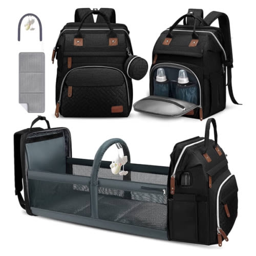 DERJUNSTAR Diaper Bag Backpack – Large Capacity Baby Diaper Bag with Changing Pad, Waterproof Travel Backpack for Boys & Girls, Multi-Function Baby Bag with USB Charging Port, Black