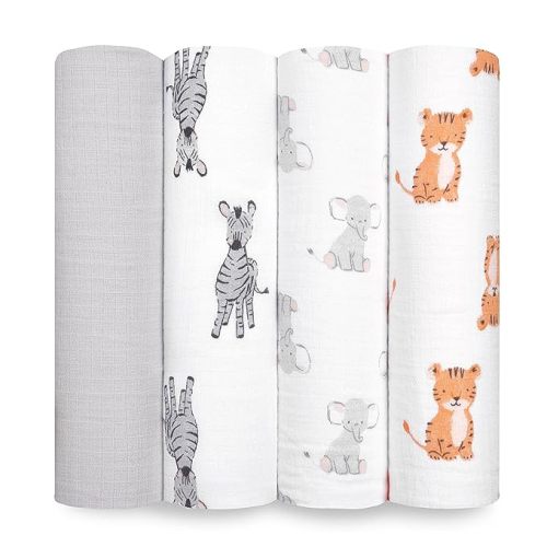 aden + anais Essentials Baby Muslin Swaddle Blankets, 4 Pack, Safari Babes print