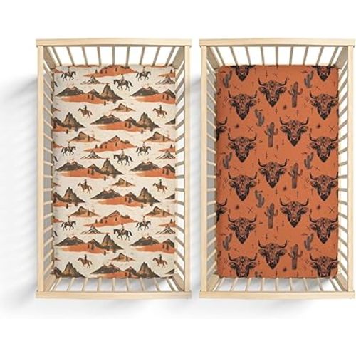 2 Pack Western Highland Cow Cactus Horses Mountains Pattern Baby Sheets for Crib, Unisex Western Nursery Fitted Bed Sheet for Boys Girls Standard Crib and Toddler Mattress-28x52