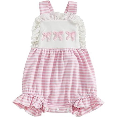 Newborn Baby Girl Bubble Romper Bow Embroidered Overalls Lace Trim Sleeveless Striped Bodysuit Infant Summer Outfit