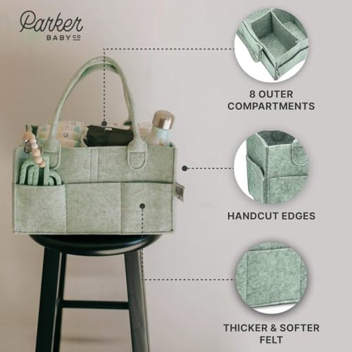 Parker Baby Diaper Caddy - Nursery Storage Bin and Car Organizer for Diapers and Baby Wipes - Sage Green, Regular