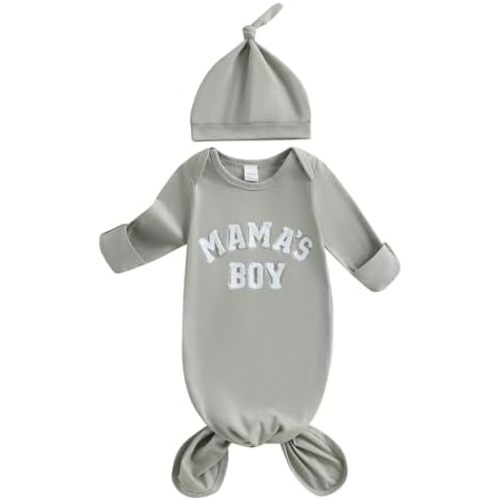Qiylii Mama's Boy Newborn Baby Nightgowns Fuzzy Letters Embroidery Knotted Baby Gown and Hat Sleeping Bag Clothes