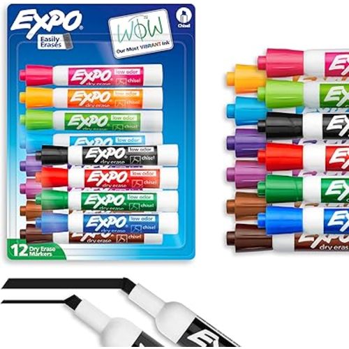 EXPO Dry Erase Markers, Low Odor Ink, Assorted Colors, Chisel Tip, 12 Count - Easily Erases, Vibrant Ink, Ideal for Classroom, Back to School Supplies, Teachers, Office, Whiteboard & Home