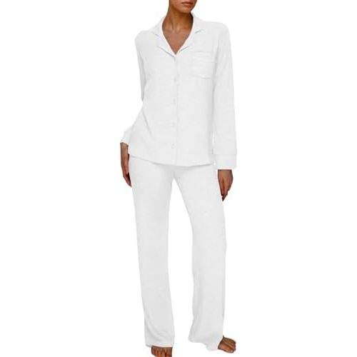 AnotherChill Women's Pajamas Set Long Sleeve Button Down Ribbed Knit 2 Piece Sleep Sets Loungewear Soft Pjs
