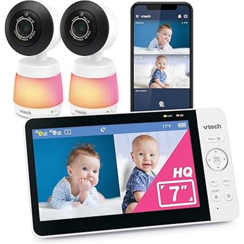 VTech Smart WiFi Baby Monitor with 2 Cameras, 1080p FHD Video, Free App with Motion Videos, Sound/Motion Alerts, 7" IPS Split‑Screen Display, Pan‑Tilt‑Zoom, Dual‑Room Monitoring – Smart HQ Max Twin
