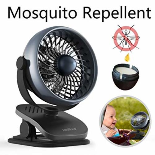 Houselog Clip-on Stroller Fan, Drive-Mosquito, Essential-Oil-Diffused and Rechargeable Battery -Operated Accessory for Urbini, Uppababy, Graco, Britax, etc (Black)