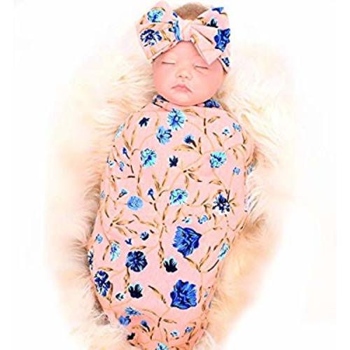 1 Pack BQUBO Newborn Floral Receiving Blankets Newborn Baby Swaddling with Headbands or Hats Sleepsack Toddler Warm - 1 Pack Pink With Headband