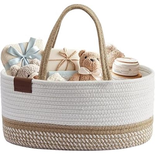 DECOMOMO Diaper Caddy Organizer, Nappy Caddy, Woven Baby Basket (Spiral Beige & White, Large)