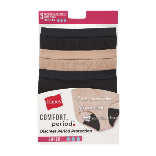 Hanes Womens Period Underwear 3-Pack, Comfort, Period Super Leak Protection Period Panties for Women