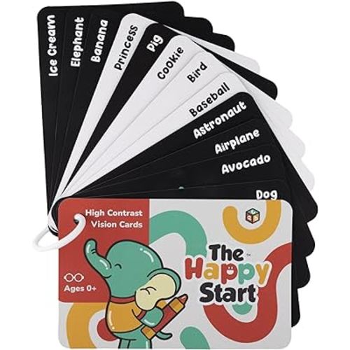 Happy Start High Contrast Vision Cards: Easy to Clean - Water-Resistant - Hospital Approved - Diaper Bag Ready - Newborn Toy - Tummy Time Toys - Black and White Baby Toys - Ages 0+ (English)