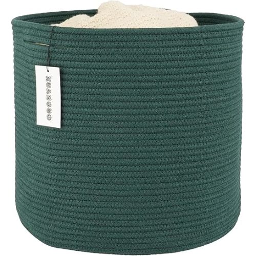 Cotton Rope Basket For Girls Boys Kids 16”X14” Baby Laundry Basket Nursery Bin Round Woven Basket Organizer For Storage Toys Blankets Shoes Clothes dark green