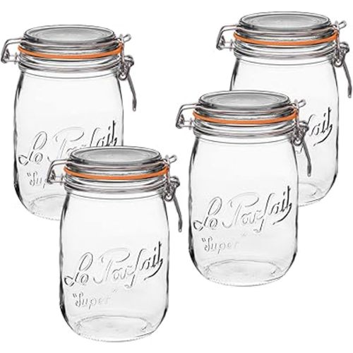 Le Parfait Super Jar, Canning Jars, 1L French Glass Canning Jar w/Round Body, Glass Jars With Airtight Lid, Canning Jars Wide Mouth, Glass Jar With Lid, Clear Jars, Clear Glass Jars (32oz/Quart, 4 pk)