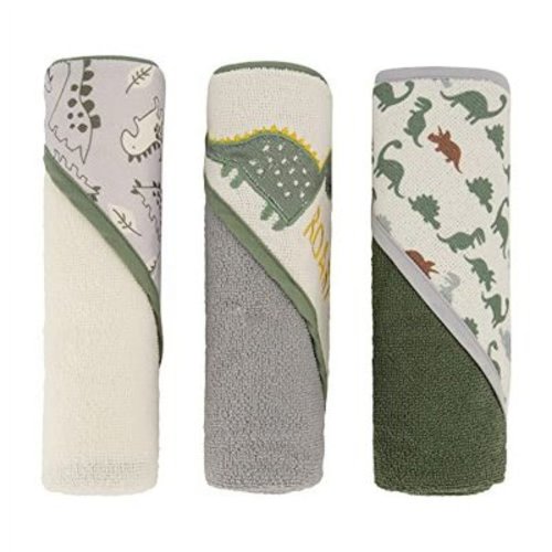 Cudlie Buttons & Stitches Baby Boy 3 Pack Rolled/Carded Hooded Towels in Dino Roar Print