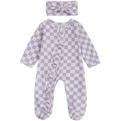 Karuedoo Newborn Baby Girl Clothes Checkered Ruffle Long Sleeve Zipper Footie Romper One-Piece Footed Jumpsuit Sleeper