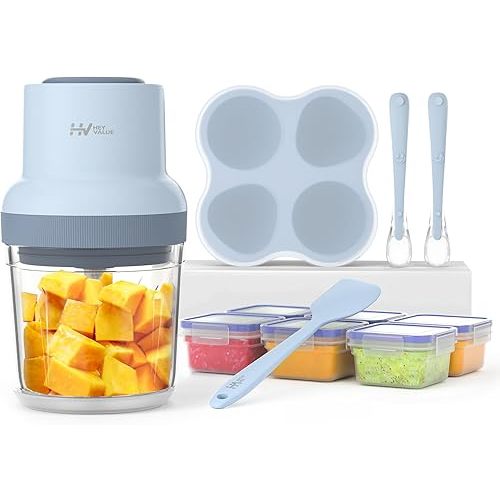 HEYVALUE Baby Food Maker, 13-in-1 Baby Food Processor Sets, Baby Food Puree Blender for Fruit, Vegatable, Meat, with Baby Food Containers, Freezer Tray, Silicone Spoons, Silicone Spatula (Light Blue)