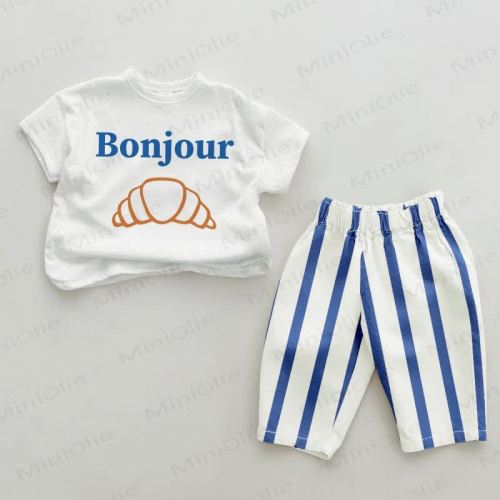 BONJOUR Baby Croissant Blue Vertical Striped 2-piece Set