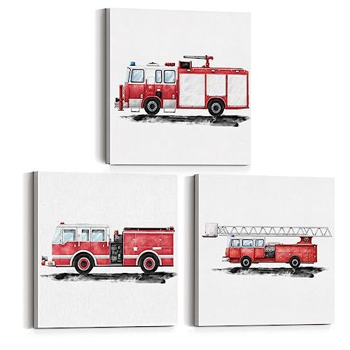 Set of 3 Fire Truck Nursery Vehicle Art Canvas Wall Art Framed Paintings Prints Watercolor Firetruck Canvas Posters Pictures Wall Decor for Home Kids Bedroom 12x12 Inch
