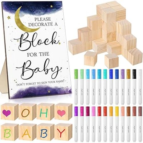 Tatuo 75 Pcs Baby Shower Decorate a Block Games Kit Including Decorate a Block Game Sign 50 DIY Wooden Block 24 Acrylic Paint Marker Baby Shower Prize for Game Gender Reveal(Starry Sky,Cute Color)