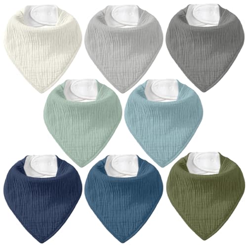 8 Pack Muslin Baby Bandana Bibs for Drooling and Teething | Absorbent Cotton Drool Bib for Baby Boy Girl, Easy Adjustable Bibs for Newborn Infants Toddlers, 0-36 Months, Sage Ice Blue