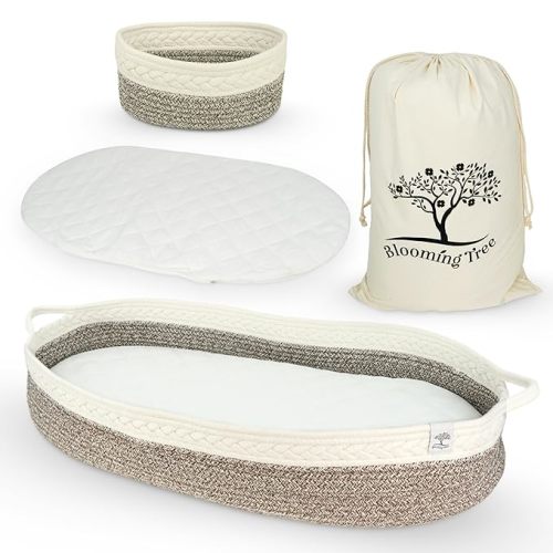 Baby Changing Basket – Boho Baby Basket for Dresser – Woven Diaper Changing Basket – 2 Water Resistant Pad Covers - Boho Nursery Decor - 100% Cotton Rope - Moses Basket - Portable Changing Station.
