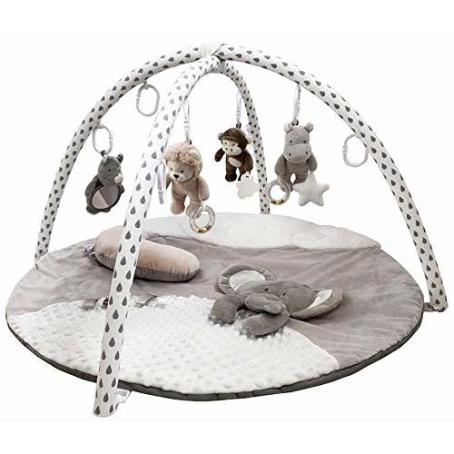 Gabby Grove Gentle Jungle Educational Baby Activity Gym and Infant Play Mat in Grey Shower Gift for Newborn with Mirror, Tummy Time Pillow, and Toys in Gray, White and Cream Neutral Tones - White, beige, and grey