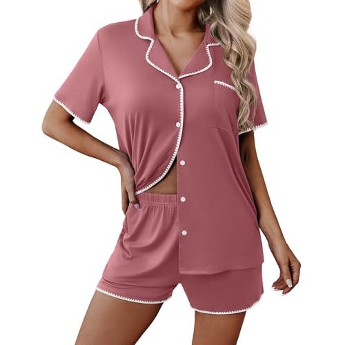 Ekouaer Pajamas for Women Set 2 Piece Soft Button Up Pjs Short Sleeve Summer Lounge Sets Comfy Sleepwear