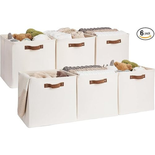 StorageWorks 13x13 Storage Cubes, Collapsible Storage Bins Organizer for Closet, Fabric Storage Box with PU Handles, Beige, 6-Pack