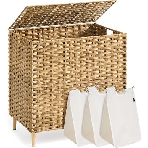 SONGMICS 3-Section Laundry Hamper with Lid, 42.2 Gal (160L) PE Rattan Laundry Basket with Removable Washable Liners, for Bedroom & Living Room, Goose Yellow ULCB223YE01