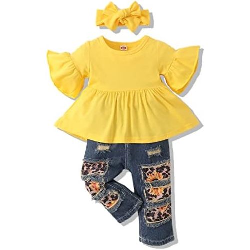 NZRVAWS Toddler Girl Clothes Infant Outfits Ruffle T shirt Ripped Jeans Clothing Little 6 12 18 Months 2 3 4 5 6 7T