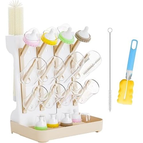 Huishun Baby Bottle Drying Rack: Large Vertical Bottle Dryer Rack Holder - Space Saving Standing Drying Rack for Baby Bottles and Pump Part Cleaning（Beige）