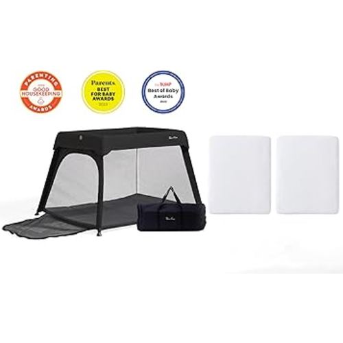 Silver Cross Sleep & Go 3 in 1 Travel Crib Carbon & Slumber Sleep & Go Fitted Sheet One in small one in large Bundle