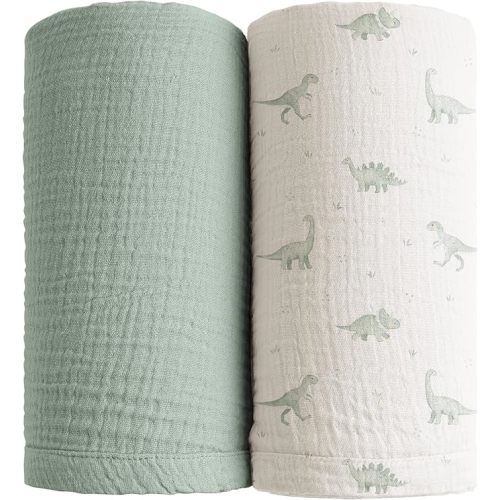 Konssy Muslin Swaddle Blankets for Boys Girls, 2 Pack Receiving Baby Blanket Large 47 x 47 inches, Soft Breathable Swaddling Wrap for Unisex Newborn (Green,Green Dino)