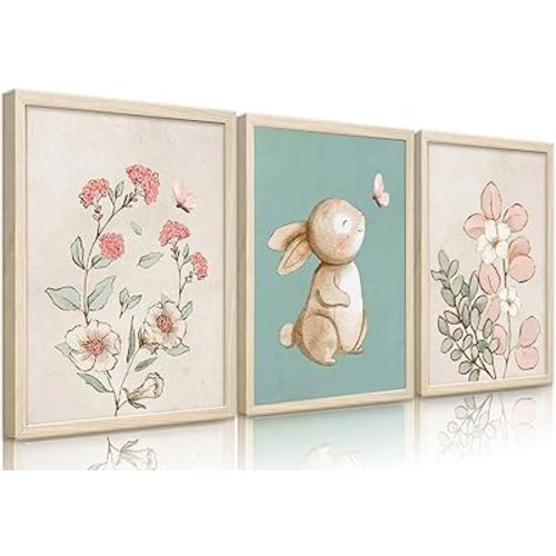 Generic Nursery Wall Art Cute Bunny Botanical Flowers Wall Decor Pink Green Nursery Pictures Posters Girl Bedroom Canvas Prints gifts for Baby Boys and Girls Playroom paintings Unframed(12x16inch)