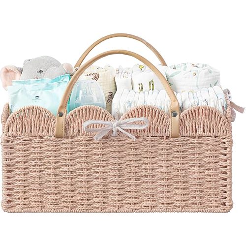HBlife Baby Diaper Caddy, Paper Rope Storage Baskets Nursery Bin with Removable Divider, Portable Car Organizer for Diapers, Baby Shower Gifts, Newborn Essentials Must Haves