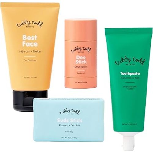 Tubby Todd Kids Sensitive Skincare Routine - The Kickstart Bundle - Gentle Bar Soap 5 Oz, Face Wash 4.2 Oz, Deodorant 1.8 Oz, Kids Toothpaste with Hydroxyapetite 4 Oz - Scented